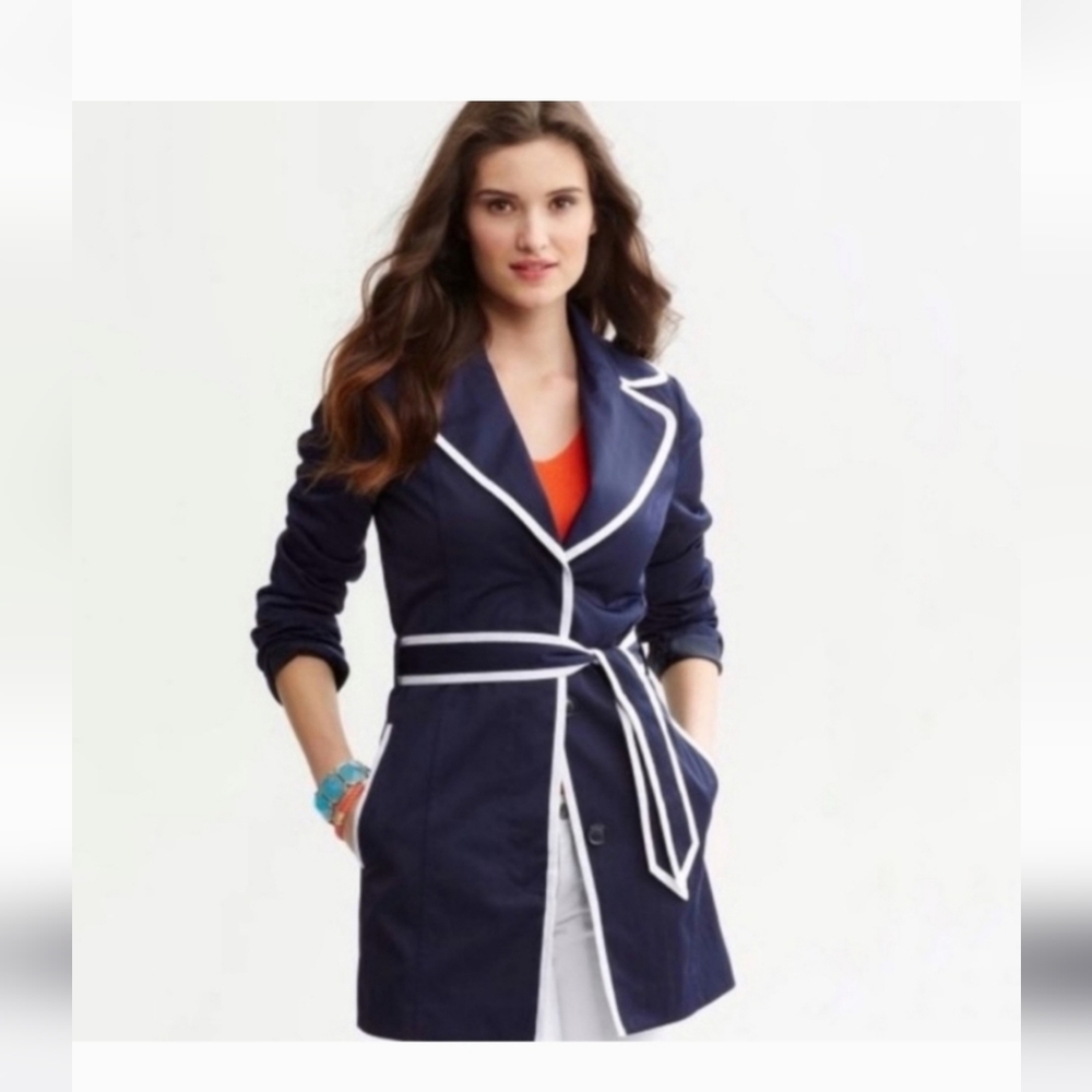 Banana Republic Tipped Trench Coat SzS Navy & White